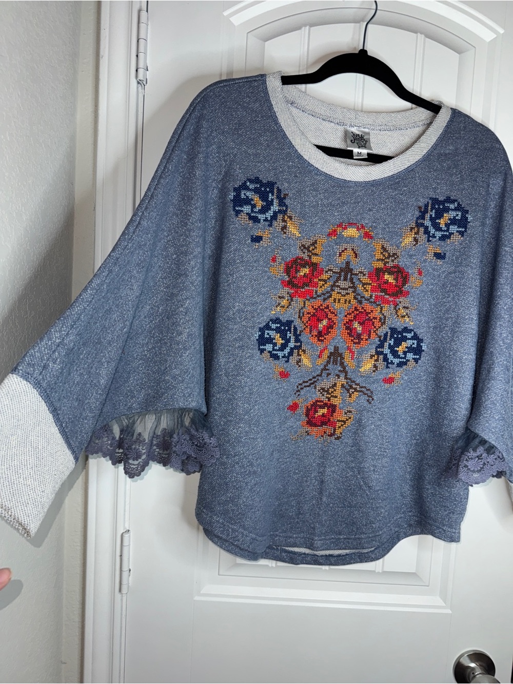 Blue Embroidered Top with Lace Trim butterfly wing boho western cowgirl‎